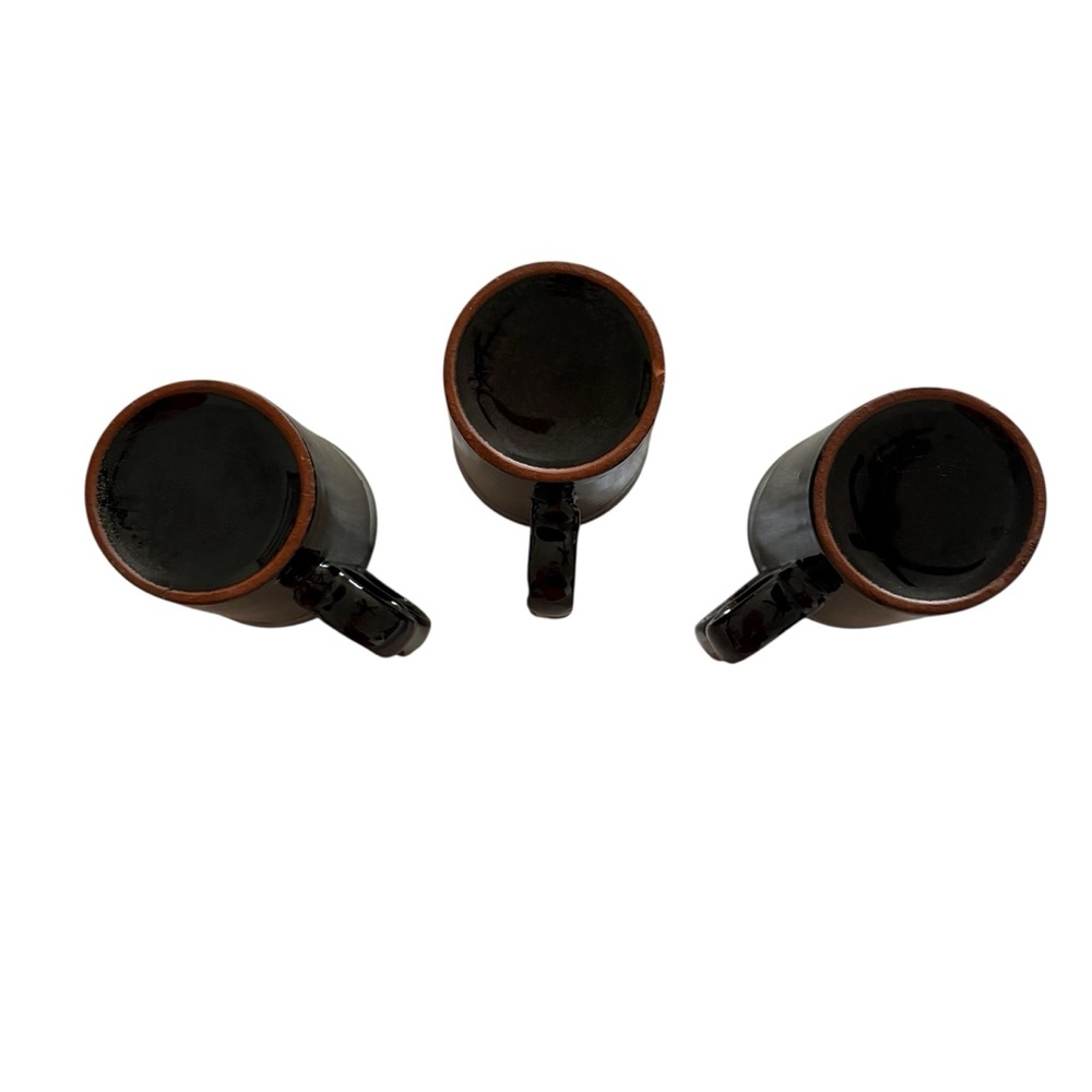 Set of 3 Vintage MCM Brown Drip Design Two Finger Hole Handle Pottery Mugs Japan - Picture 7 of 7